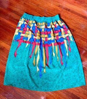 Vintage 80's Colorful Green Yellow Woven Basket Print Midi Skirt large XL Whimsy